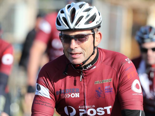 Tony Abbott at the start of the Pollie Pedal charity event at the Shrine of Remembrance in Melbourne this morning. Picture: Yuri Kouzmin