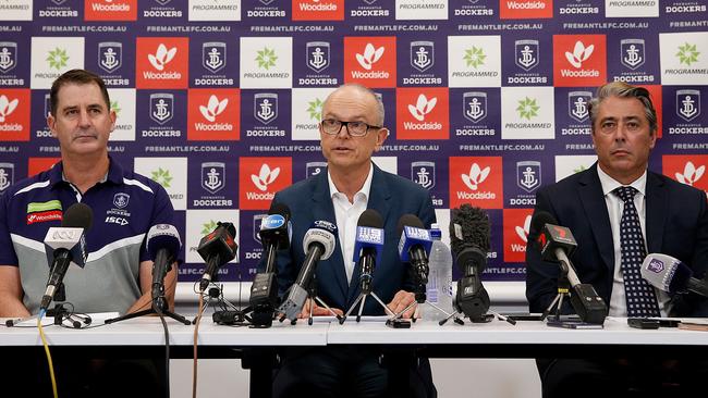 Fremantle coach Ross Lyon, president Dale Alcock and CEO Steve Rosich.