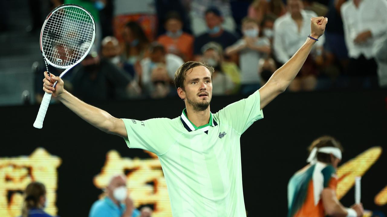 MELBOURNE, AUSTRALIA - JANUARY 28: Daniil Medvedev of Russia celebrates after winning his Men's Singles semi-final match against Stefanos Tsitsipas of Greece during day 12 of the 2022 Australian Open at Melbourne Park on January 28, 2022 in Melbourne, Australia. (Photo by Clive Brunskill/Getty Images)