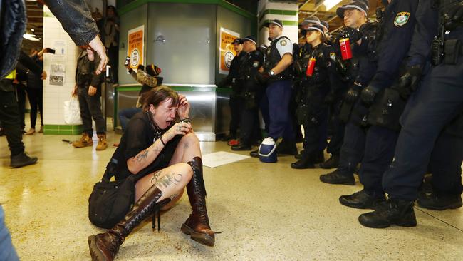 A woman is pepper sprayed at Central Station after the peaceful protest finished. Picture: Sam Ruttyn