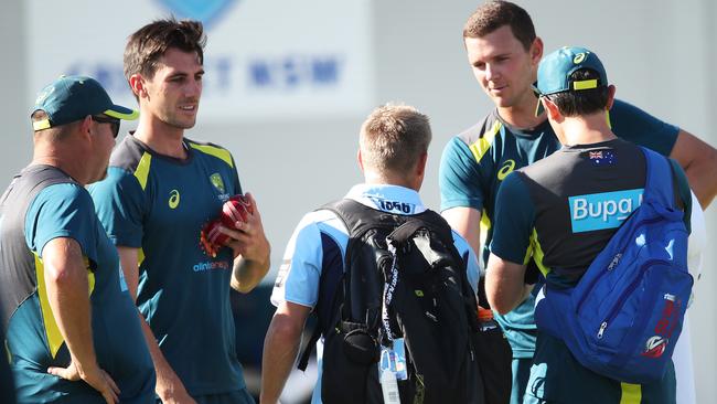 David Warner talks with quicks Pat Cummins and Josh Hazlewood after having a hit in the nets. Picture. Phil Hillyard