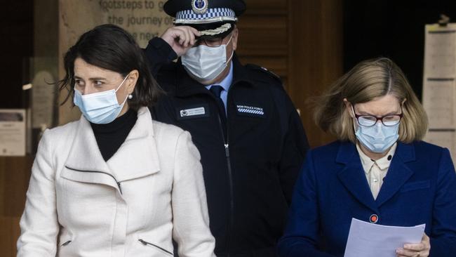 NSW Premier Gladys Berejiklian, NSW chief health officer Dr Kerry Chant and NSW Police Deputy Commissioner Gary Worboys arrive for a COVID-19 update press conference on July 10. Picture: Getty