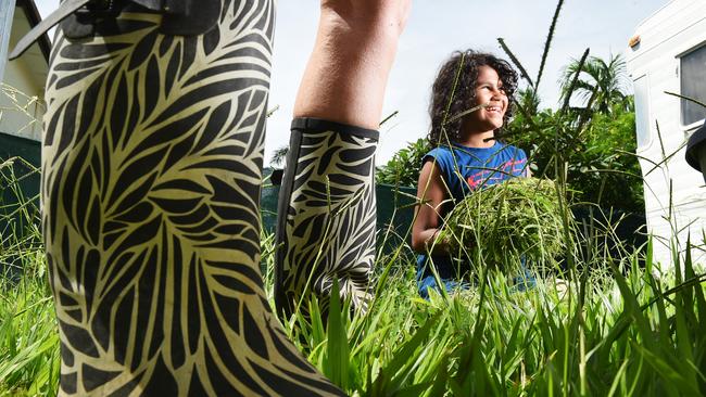 Mowers of the Territory. The 'Wet' in Darwin is "Mower Zone", when rain, humidity, heat and sun conspire to help grass grow to further its aim of taking over the world. Georgina Wilson, Gigi Burarrawanga -Wilson 9, look to the gods and offer up a sacrifice of fresh grass clippings to keep the monsoon at bay while they mow.