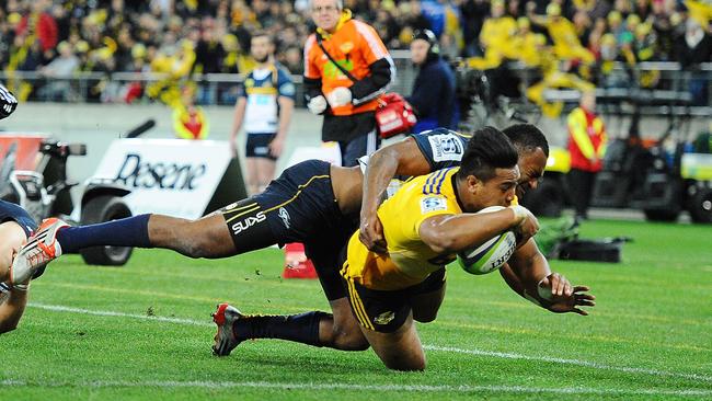 Julian Savea scores the first try during the Super Rugby semi-final between the Hurricanes and the Brumbies at Westpac Stadium.