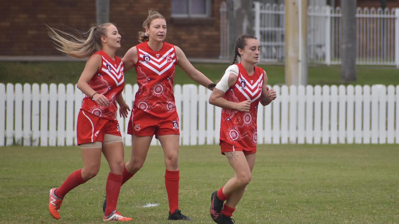 Alice Hill (left), Amber Brown and Katelyn Duncan in the North Mackay Saints and Eastern Swans clash in the senior women's McDonald's Mackay Cup, August 21, 2021. Picture: Matthew Forrest