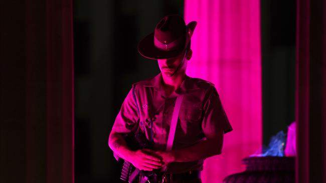 A soldier stands during the ANZAC Day Dawn Service held in Brisbane. Picture: NCA NewsWire/Tertius Pickard