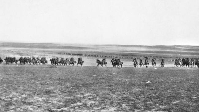 A photo claiming to show the Australian 4th Light Horse Regiment galloping towards the Turkish lines at Beersheba at dusk on October 31, 1917. Picture: Supplied