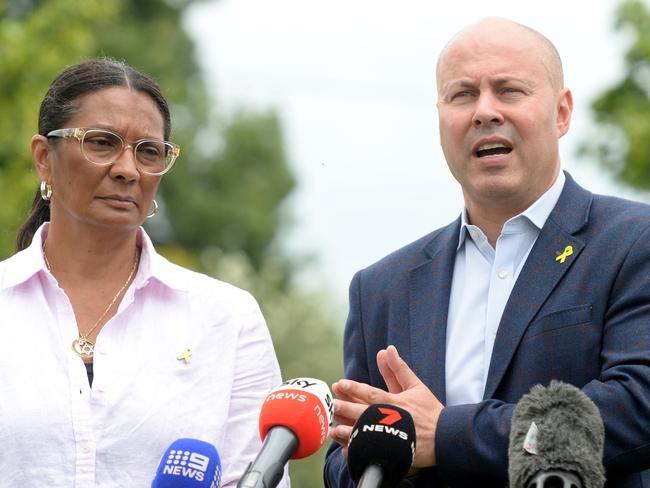 Former Federal Treasurer Josh Frydenberg and former Labor MP Nova Peris speak to the media after the alleged arson attack on the Adass Israel synagogue. Picture: Andrew Henshaw