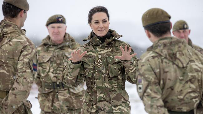 Catherine, Princess of Wales, meets personnel on exercise during her visit to the Irish Guards on March 8 in Salisbury, England. The princess is a colonel in the 1st Battalion. Picture: Steve Reigate/WPA Pool/Getty Images