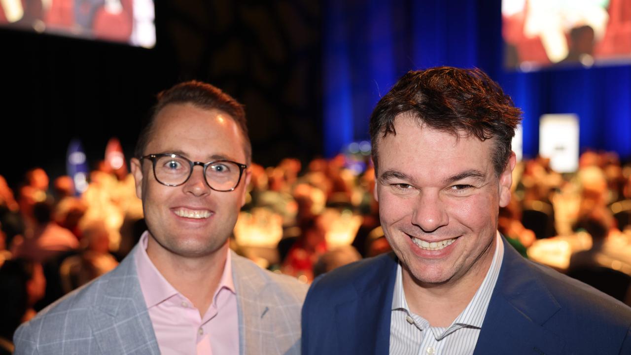 Mitchell Barton and Pat McCafferty the TSS Foundation Breakfast, Gold Coast Convention and Exhibition Centre. Picture, Portia Large.