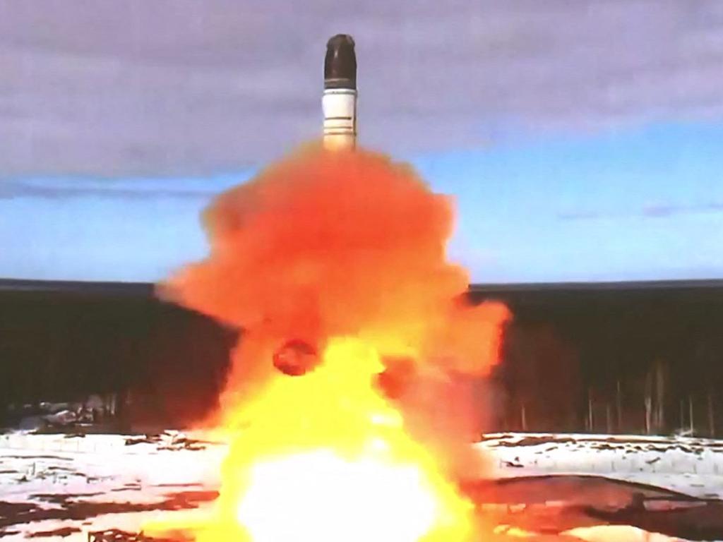 The launching of the Sarmat intercontinental ballistic missile at Plesetsk testing field, Russia. Picture: Russian Defence Ministry / AFP.