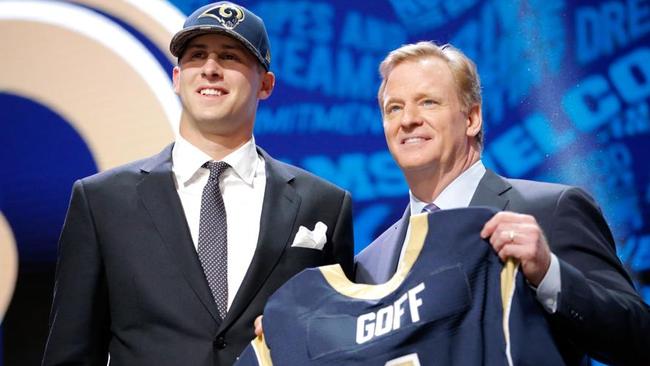 Jared Goff with NFL Commissioner Roger Goodell after being picked #1 overall.