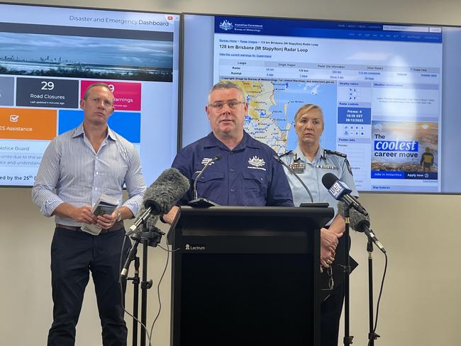 Emergency Managment Minister Murray Watt with Minister for Energy Mick de Brenni, and Queensland Police Commissioner Katarina Carroll speaking about the Christmas Day storm at the Gold Coast disaster centre this week. Picture: NCA NewsWire / Aisling Brennan