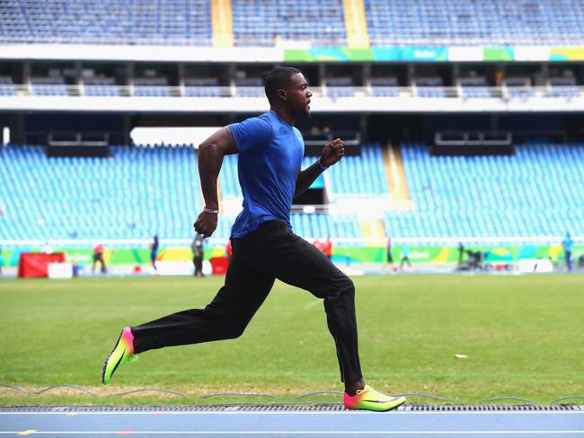 Controversial athlete Justin Gatlin of USA runs during a training session at the Olympic Stadium in Rio de Janeiro.