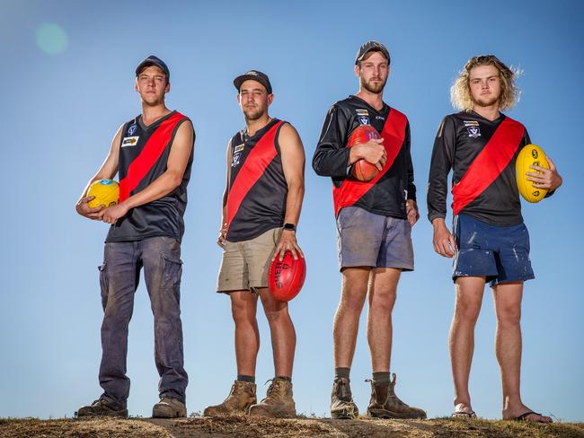 Waaia Bombers players Ryan Trimby, 22, Ryan Sprunt, 23, Bill Brown, 22, and Jesse Trower, 18. Picture: Mark Stewart