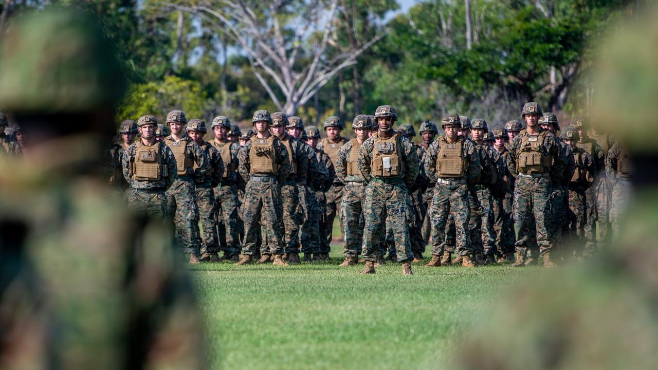 Australian soldiers welcome Japanese and US counterparts at Robertson Barracks, Darwin. Picture: Che Chorley