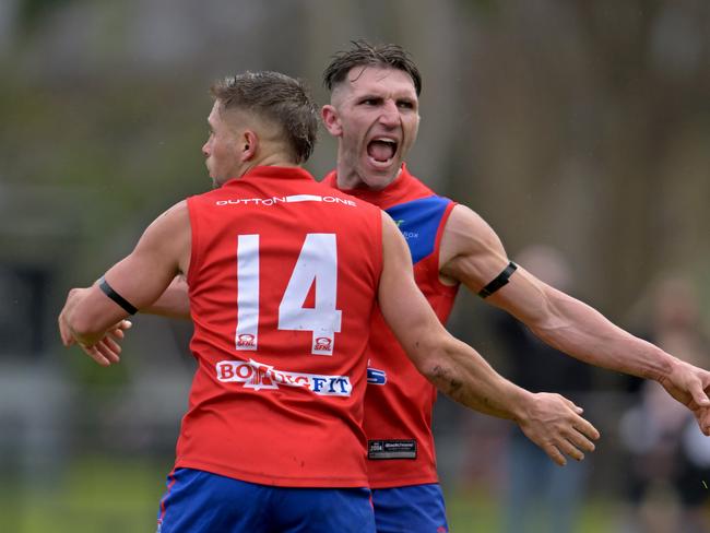 Port Melbourne ColtsÃ Jake Wood and Justin Taylor celebrate a goal during the SFNL Port Melbourne Colts v St Paul's McKinnon football match in Port Melbourne, Saturday, Aug. 12, 2023. Picture: Andy Brownbill