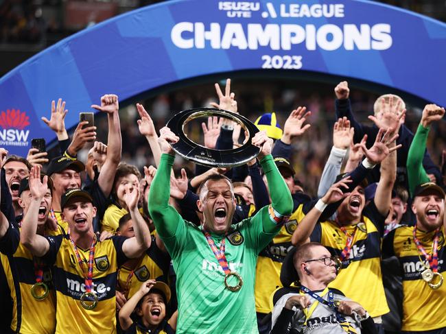 SYDNEY, AUSTRALIA - JUNE 03:  Daniel Vukovic of the Mariners celebrates winning the 2023 A-League Men's Grand Final match between Melbourne City and Central Coast Mariners at CommBank Stadium, on June 03, 2023, in Sydney, Australia. (Photo by Matt King/Getty Images) *** BESTPIX ***