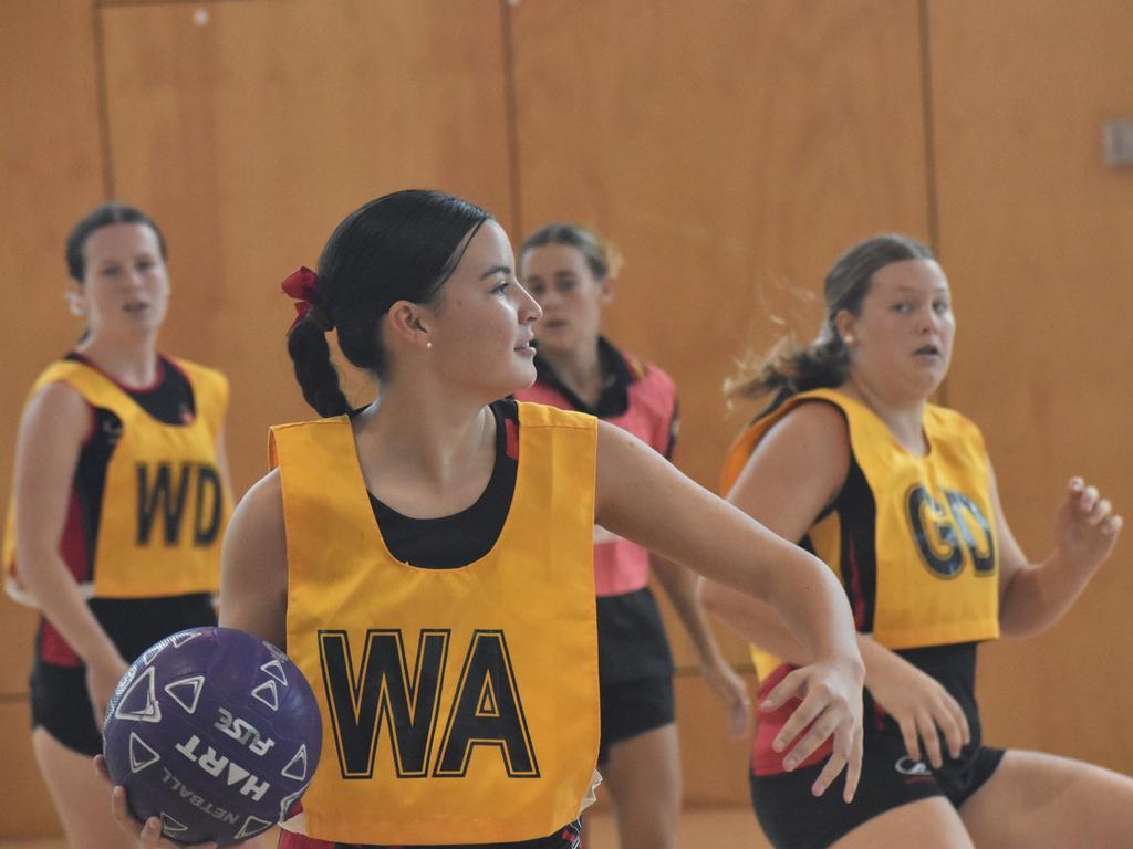 Former Australian Diamonds star Sharni Norder running coaching clinics for Rockhampton Grammar School netball teams, Saturday, March 11, 2023.