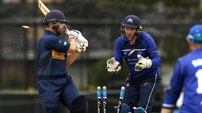 Strathmore’s Nick Sabatino is bowled. Picture: Stuart Milligan