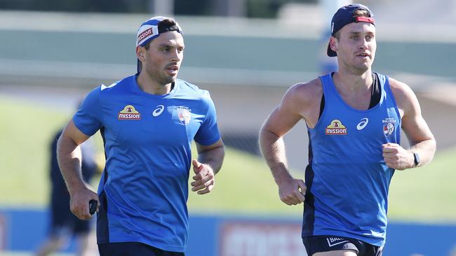 Sam Lloyd and Hayden Crozier at Bulldogs training. Pic: Michael Klein