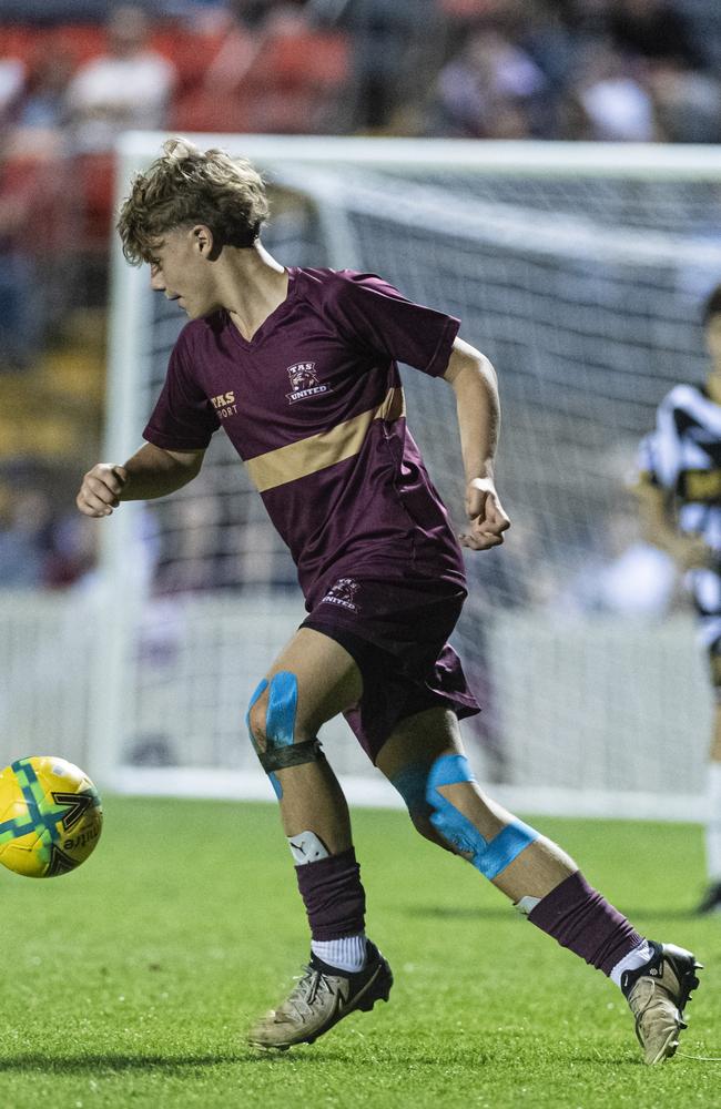 Charlie Lowis of TAS United against Willowburn in Football Queensland Darling Downs Community Juniors U13 Junior League grand final at Clive Berghofer Stadium, Friday, August 30, 2024. Picture: Kevin Farmer