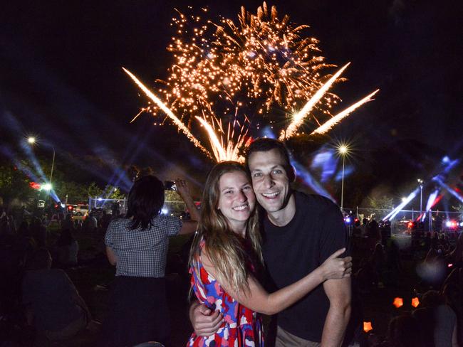 Michael Shafar and Amanda Cowan enjoy the fireworks at Light Up. Pic: Brenton Edwards