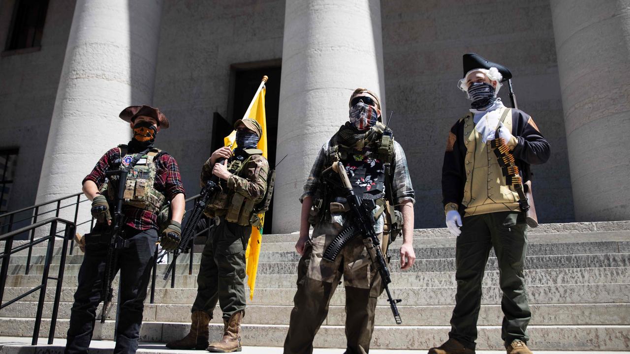 A local militia group protest the stay-at-home order in Columbus, Ohio, in April. Picture: AFP