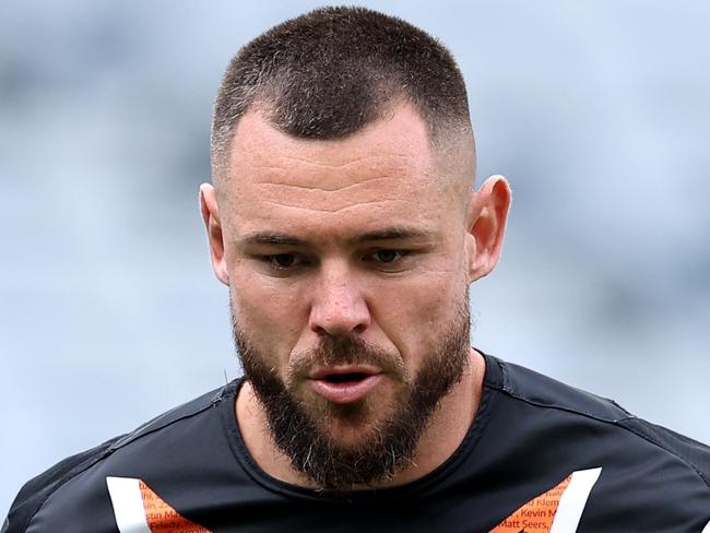 SYDNEY, AUSTRALIA - MAY 04: David Klemmer of the Tigers  warms up prior to the round nine NRL match between Canterbury Bulldogs and Wests Tigers at Accor Stadium, on May 04, 2024, in Sydney, Australia. (Photo by Brendon Thorne/Getty Images)