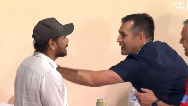 Cyril Rioli with Luke Hodge. Photo: Channel 7.