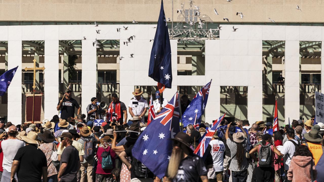 Protesters arriving at Parliament House this morning. Picture: Brook Mitchell/Getty Images