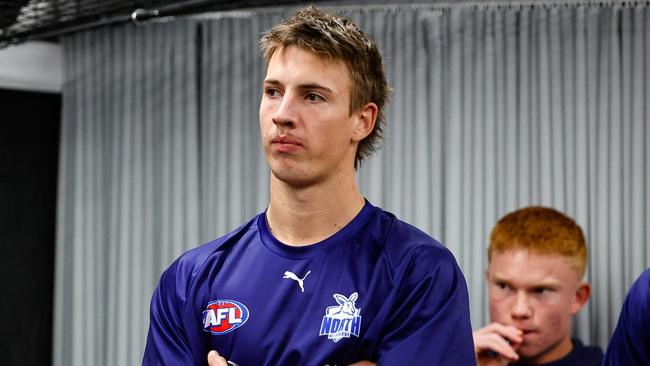 MELBOURNE, AUSTRALIA - MAY 19: North Melbourne debutant Wil Dawson is seen before the 2024 AFL Round 10 match between the Essendon Bombers and the North Melbourne Kangaroos at Marvel Stadium on May 19, 2024 in Melbourne, Australia. (Photo by Dylan Burns/AFL Photos via Getty Images)