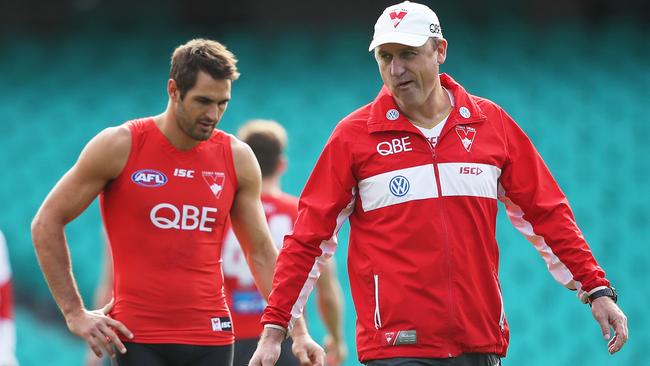 Josh Kennedy chats with coach John Longmire at training. Picture: Phil Hillyard