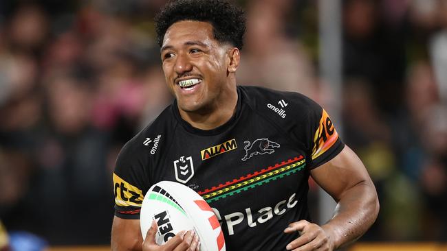 SYDNEY, AUSTRALIA - SEPTEMBER 28:  Paul Alamoti of the Panthers celebrates after scoring a try during the NRL Preliminary Final match between the Penrith Panthers and the Cronulla Sharks at Accor Stadium on September 28, 2024 in Sydney, Australia. (Photo by Jason McCawley/Getty Images)