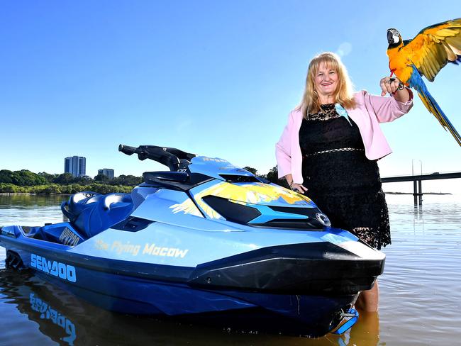 Simone Patterson with Roger the MacawSimone Patterson founder of The Sanctuary shelter for women, children and pets, will sail from Currimbin to Jervis Bay on a jetski before heading off to Parliament House to protest domestic and family violence. Monday May 13, 2024. Picture, John Gass