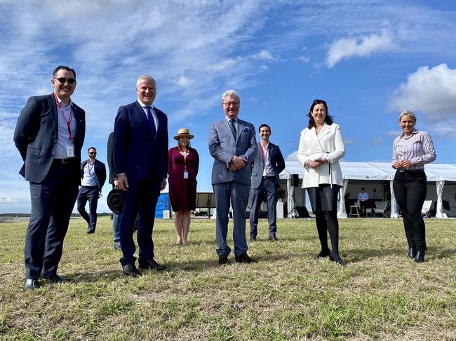 Governor Paul de Jersey (centre) joined dignitaries in cutting the ribbon to officially open Brisbane Airport’s new runway. Picture: Brisbane Airport