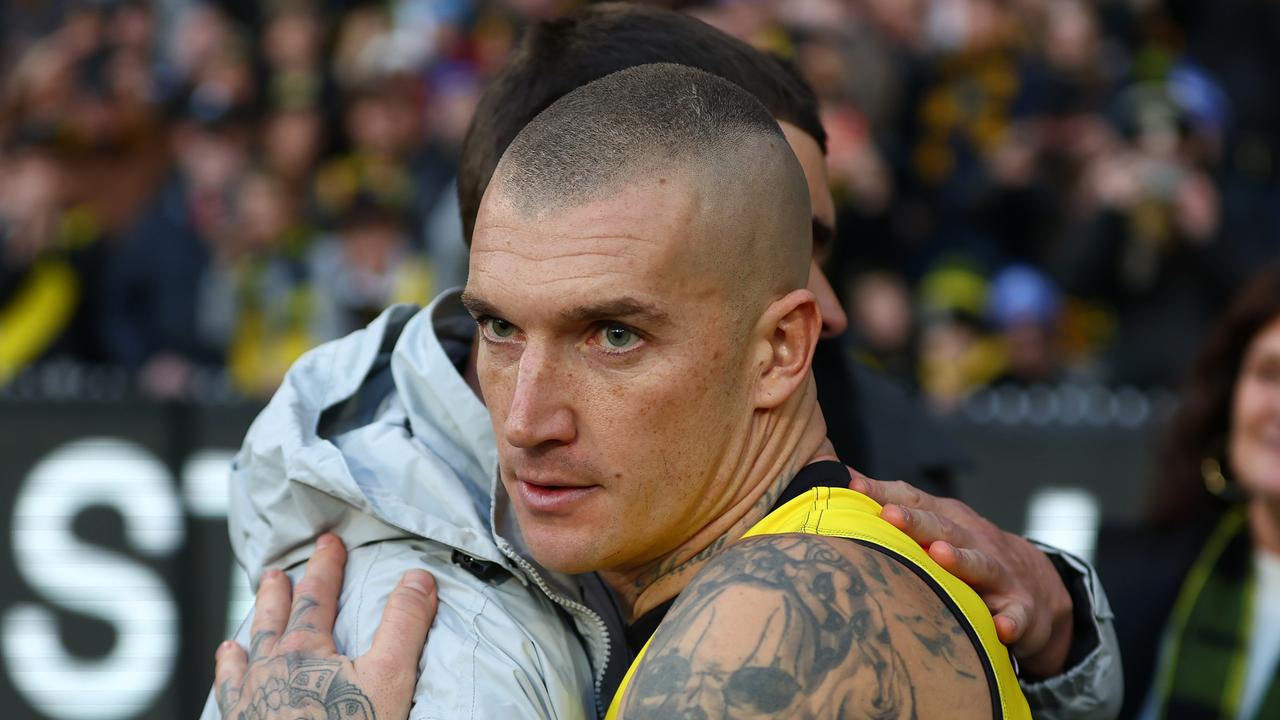 MELBOURNE, AUSTRALIA – JUNE 15: Dustin Martin of the Tigers embraces his brother Bronson Martin during the round 14 AFL match between Richmond Tigers and Hawthorn Hawks at Melbourne Cricket Ground on June 15, 2024 in Melbourne, Australia. (Photo by Graham Denholm/Getty Images)