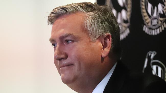 Collingwood president Eddie McGuire at his farewell press conference. Picture: Alex Coppel