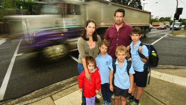 Zoe Cassar led a push to get a crossing supervisor. Pictured left with her children Marion and Adam and another campaigner, Mark Brljak, with Samuel and Noah.