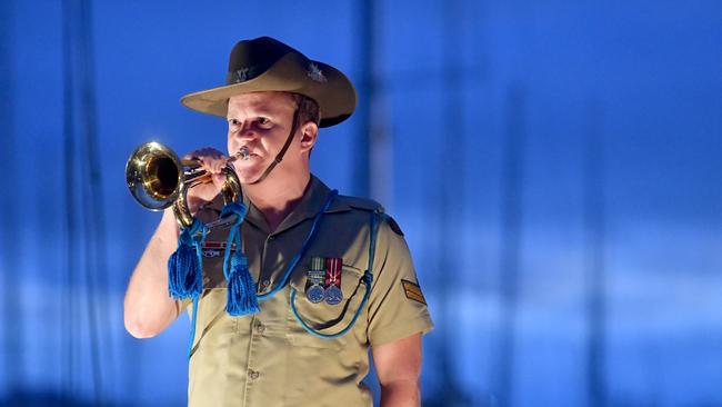 Anzac Day Dawn Service at Anzac Park, Townsville. CPL David Wood plays the bugle. Picture: Evan Morgan