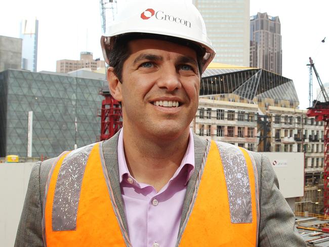 Grocon CEO Daniel Grollo speaks to media and visits workers at his Myer Emporium building site on Lonsdale St in Melbourne's CBD after the CFMEU backed down from an industrial dispute.