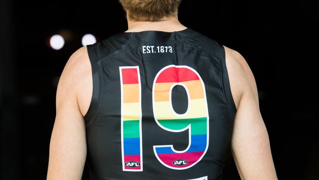 St Kilda showed their support for the LGBTI community by wearing rainbow colours in their guernsey numbers, instead of the usual white numbers. Picture: Jason Edwards