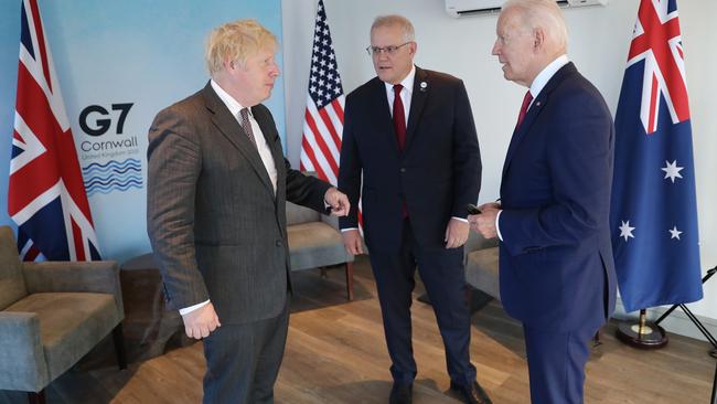 Who called this meeting? Scott Morrison meets Joe Biden and Boris Johnson at the G7 in Cornwall, United Kingdom, on June 12. Picture: Adam Taylor/PMO