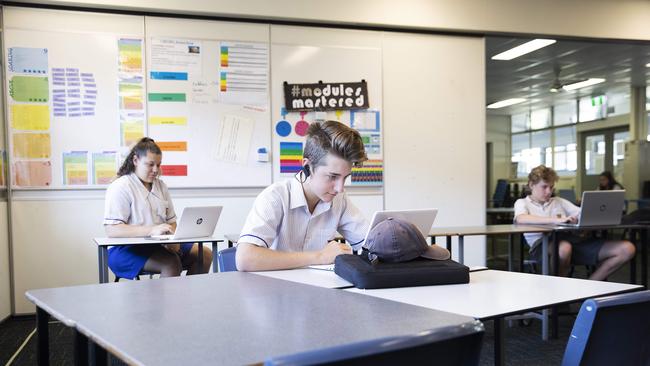 Redcliffe State High School students hard at work, 1.5m apart, during COVID-19. PHOTO: AAP /Attila Csaszar