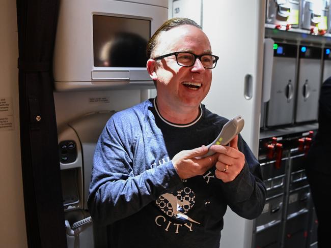 Former Qantas Group CEO Alan Joyce, pictured here talking to passengers on-board a Qantas 787 Dreamliner as it flew to JFK International Airport in 15 hours and 8 minutes from Auckland, New Zealand on June 14, 2023. Picture: Getty Images