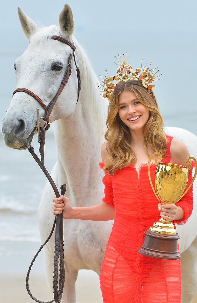 David Jones ambassador Victoria Lee sports Alice McCall dress and Mimco headpiece in Malibu to celebrate the launch the 2018 Caulfield Cup Carnival.