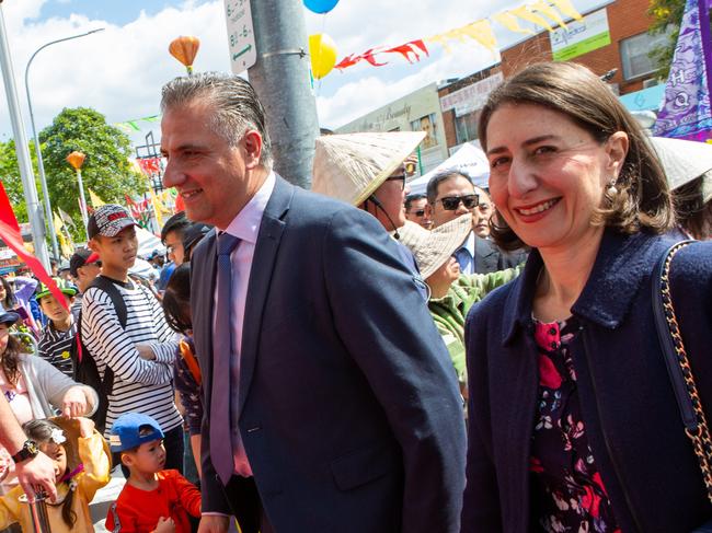 Fairfield Mayor Frank Carbone and former NSW Premier Gladys Berejiklian at Cabramatta Moon Festival in 2018. Picture: Jordan Shields.