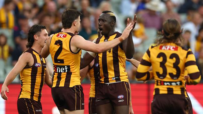 Mabior Chol celebrates a goal for the Hawks. Picture: Quinn Rooney/Getty Images