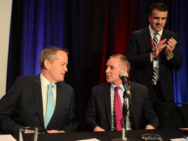 Federal Labor leader Bill Shorten, Premier Jay Weatherill and state president Peter Malinauskas at the Labor conference in Adelaide. Picture: Tricia Watkinson