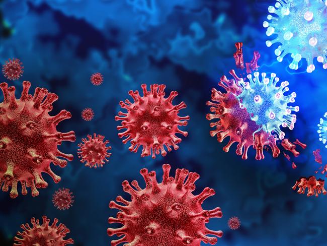 Mutating virus variant and cell mutation variants as a health risk concept and new coronavirus outbreak or covid-19 viral cells mutations and influenza background as a 3D render.